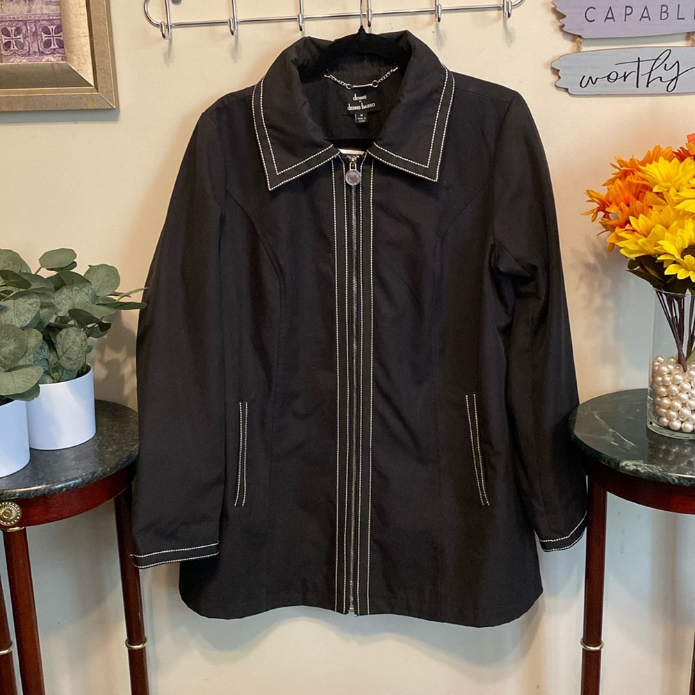 Dennis by Dennis Basso Zippered Black Coat w/white Trim Sz 10. All Lined.